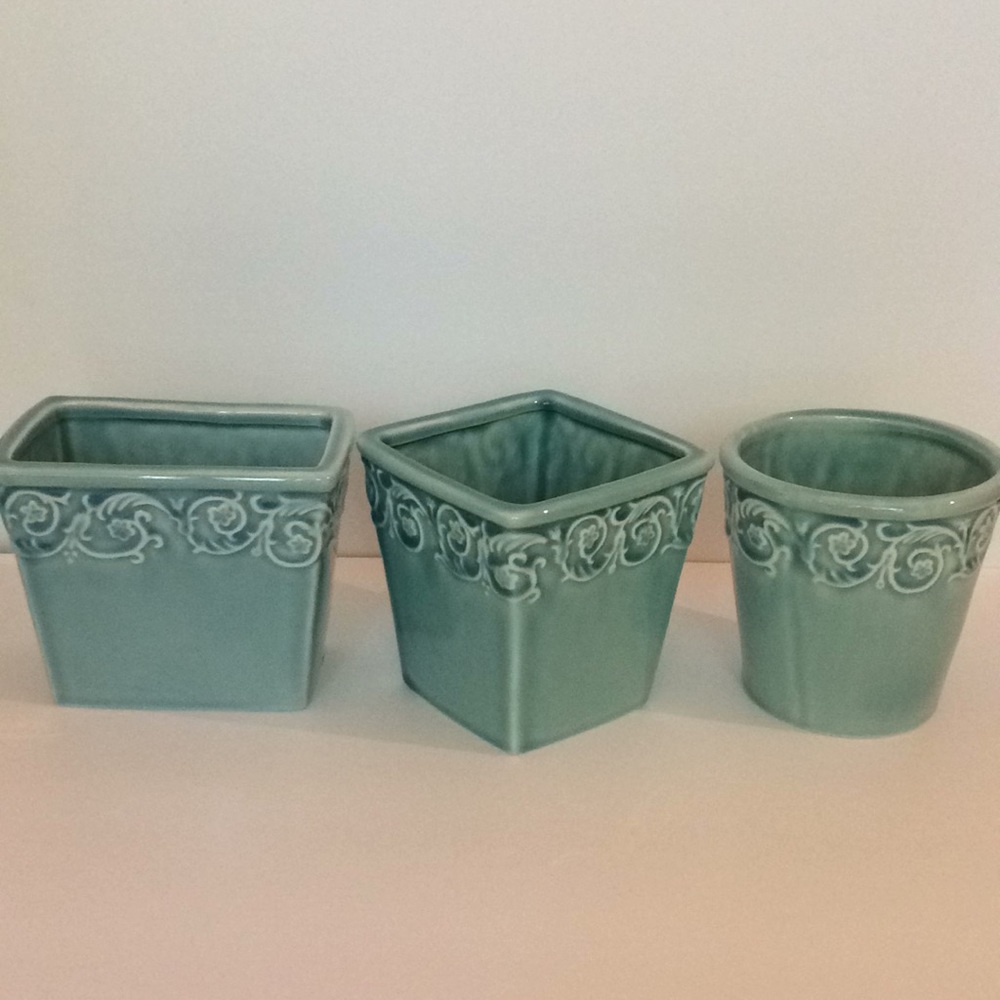 Set of Three Blue Ceramic Vases